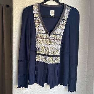 TINY Anthropologie Boho M Cardigan Indie Lace Trim Ribbed Navy Blue Hook-and-Eye